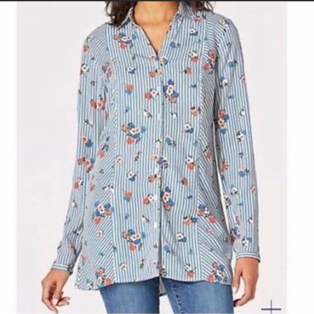 J. Jill Floral Striped Button Front Tunic Shirt - Size Small